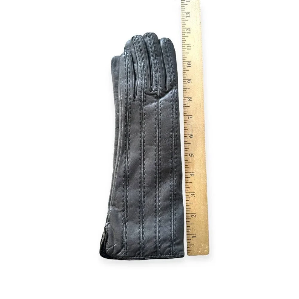New Sermoneta Kid Leather Cashmere Lined Gloves, Medium‎ Length, Gray, size 7.5